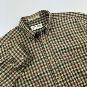 Orvis Mens M Plaid Button Down Shirt Green Tan Cotton Hunting Check